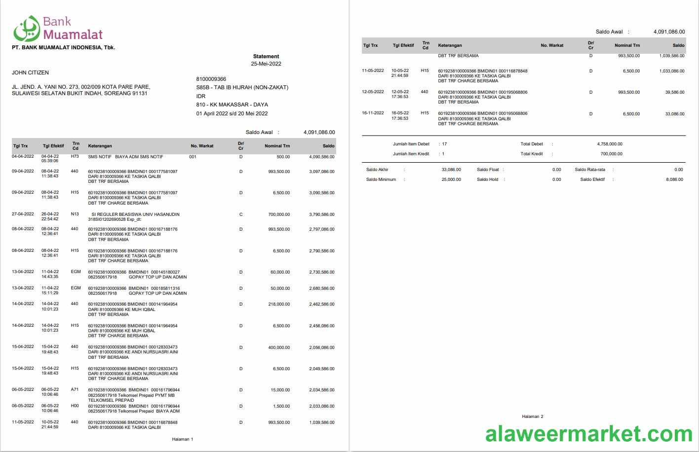 Indonesia Muamalat bank statement 2 pages